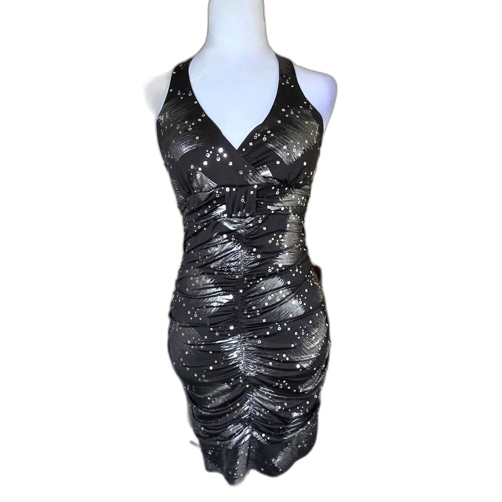 Taboo Black Sequin Ruched Halter Mini Dress Metallic Club Y2K Disco Hoco Prom S